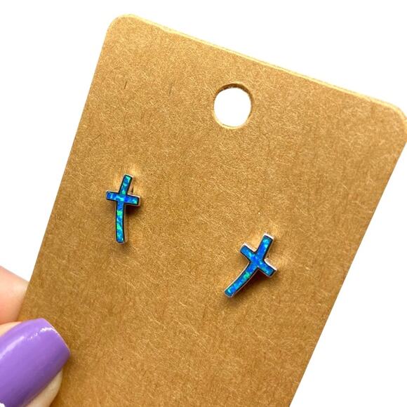 Blue Fire Opal Cross Earrings Solid 925 Sterling Silver Post Stud Pierced Gift - Picture 5 of 9